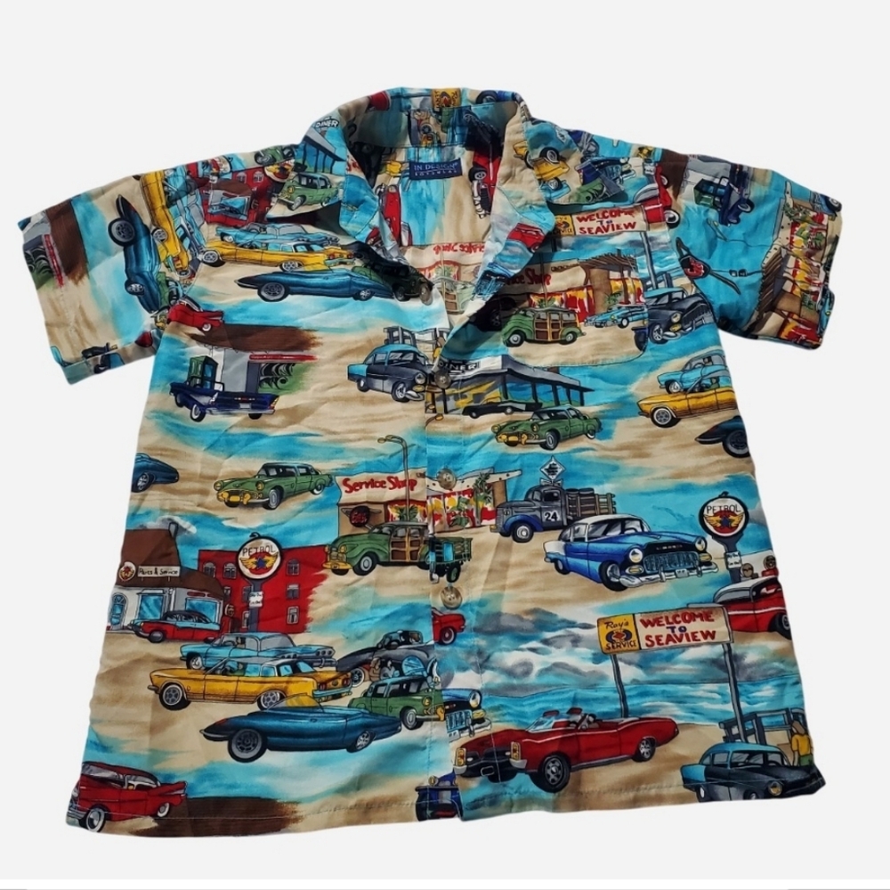 Vintage InDesign Boys Wear Car Print Short-Sleeve Button Down Shirt